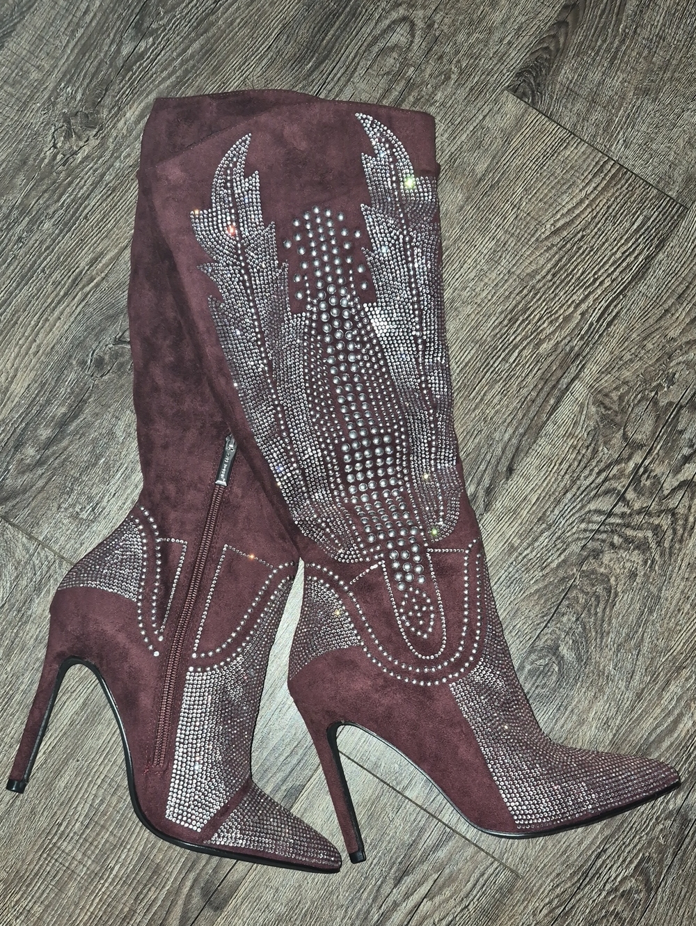 Cape Robbin Olkley Burgundy Suede Rhinestone Knee-High Stiletto Boots